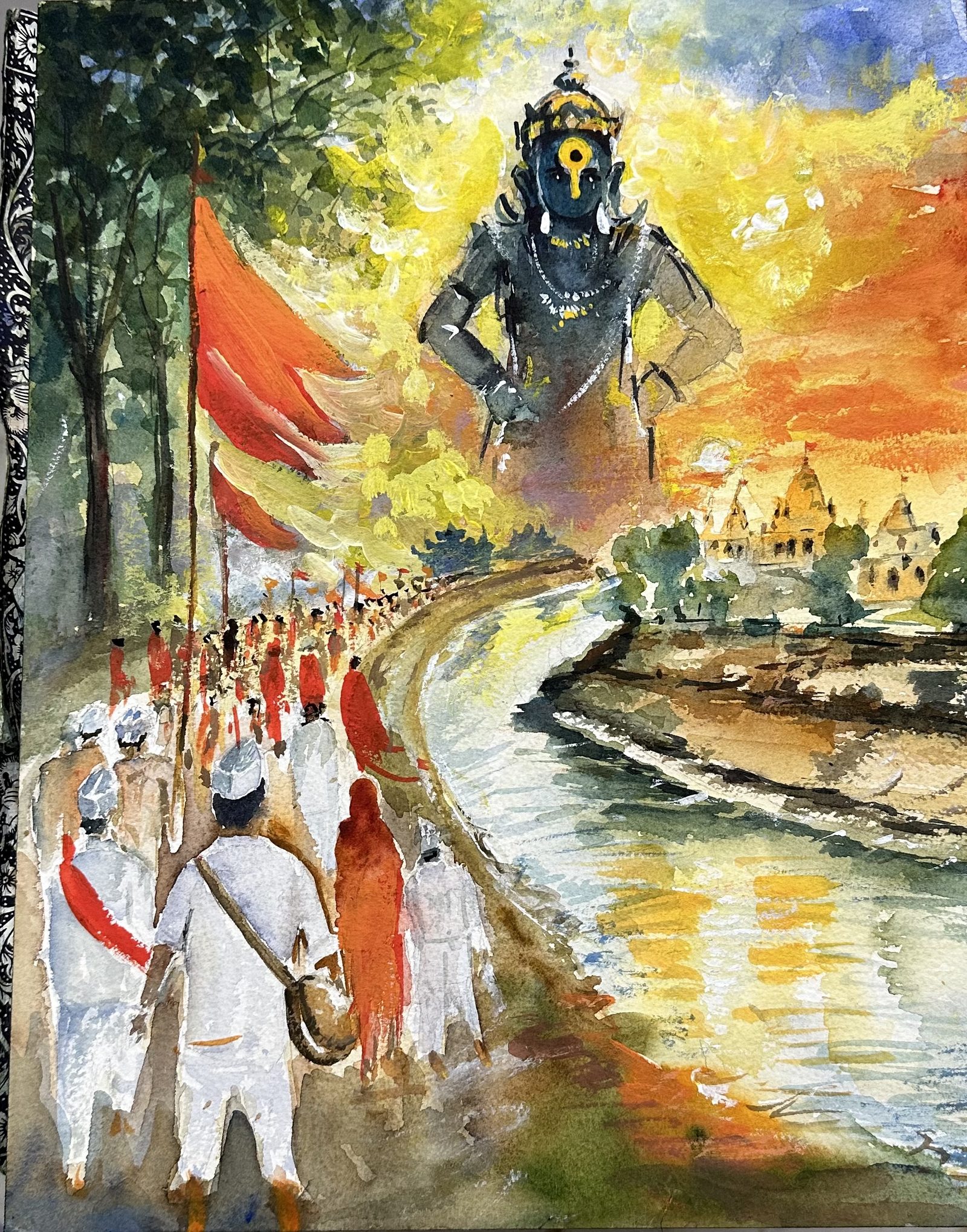 Procession toward a riverside temple