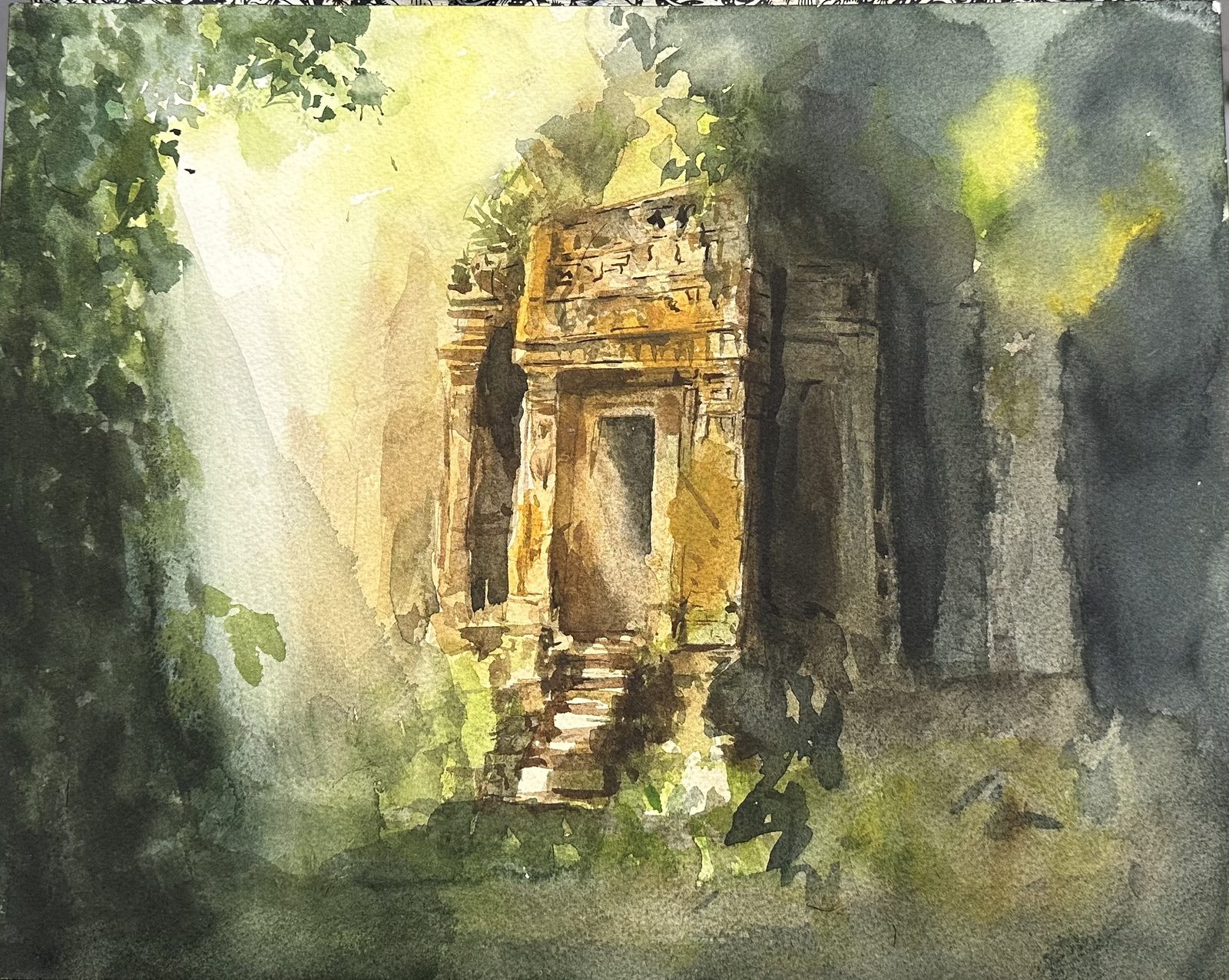 Sunlit temple doorway in the forest