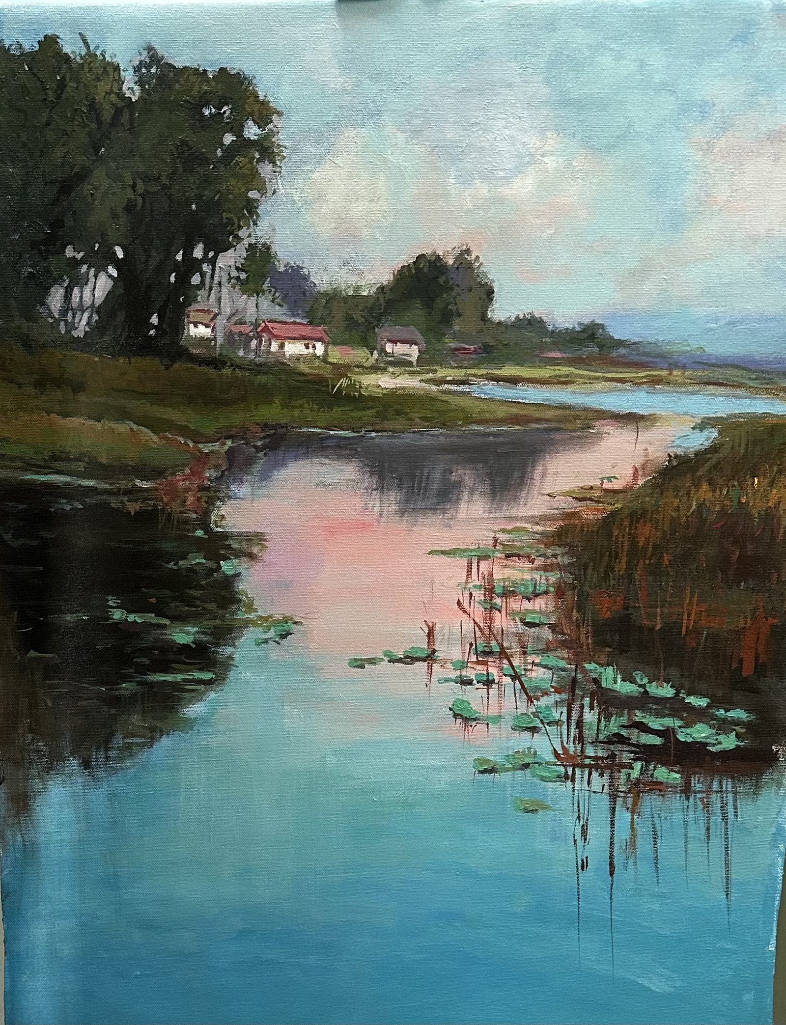 Lily pond at dusk with distant cottages