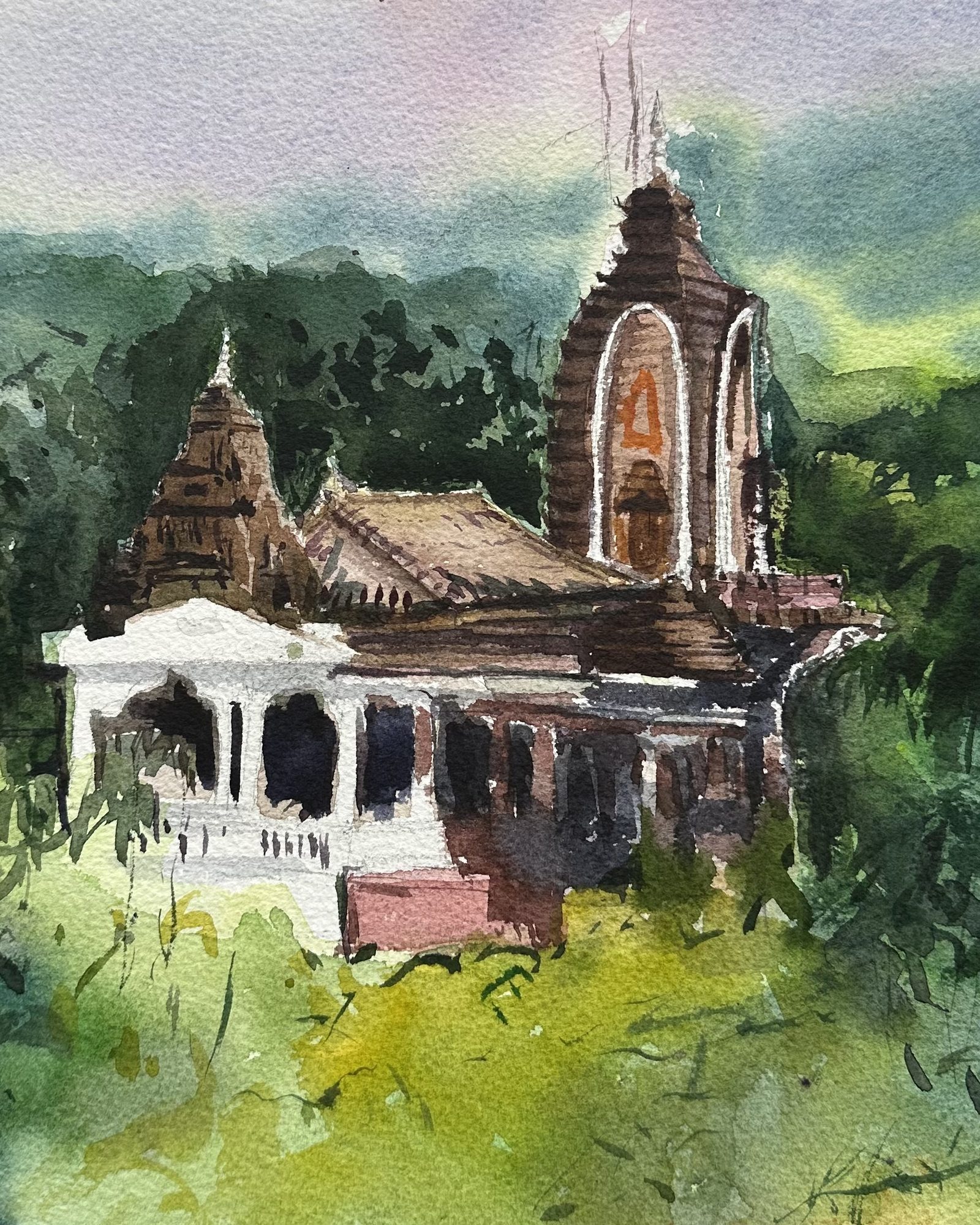 White pillared temple hall at dusk