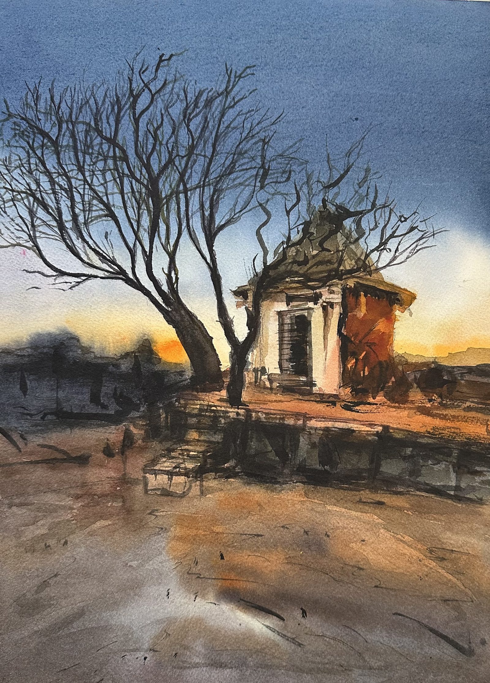 Bare tree and chhatri at sunset