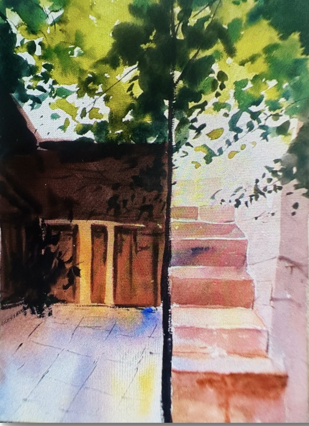 Garden steps beneath a tree