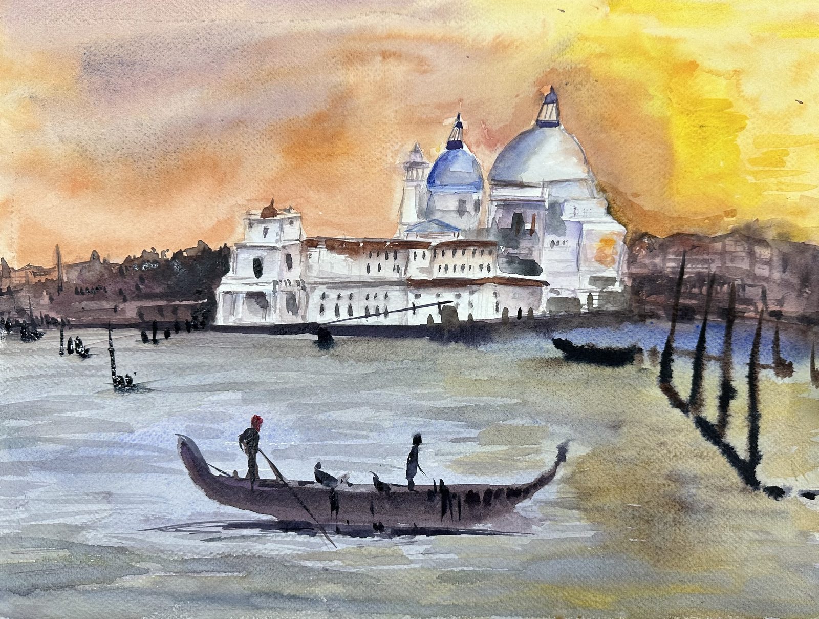 Gondola on water at dusk with domed building