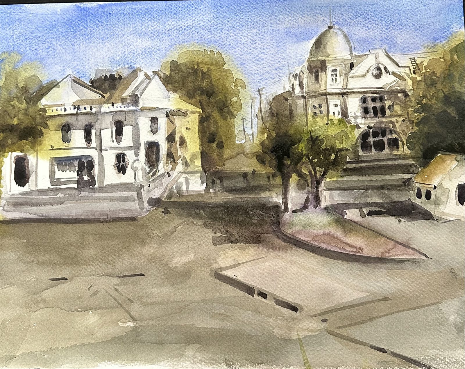 Street lined with white houses
