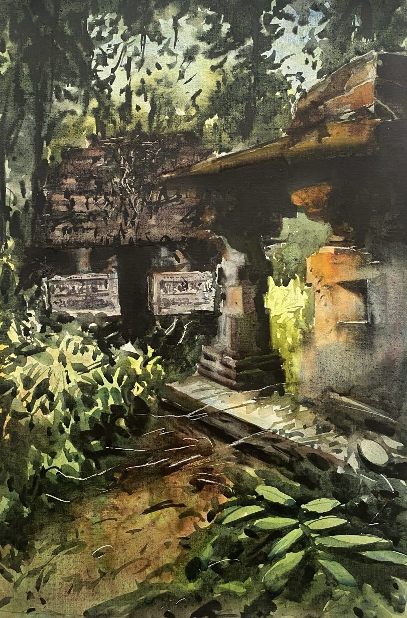 Temple ruins in jungle greenery