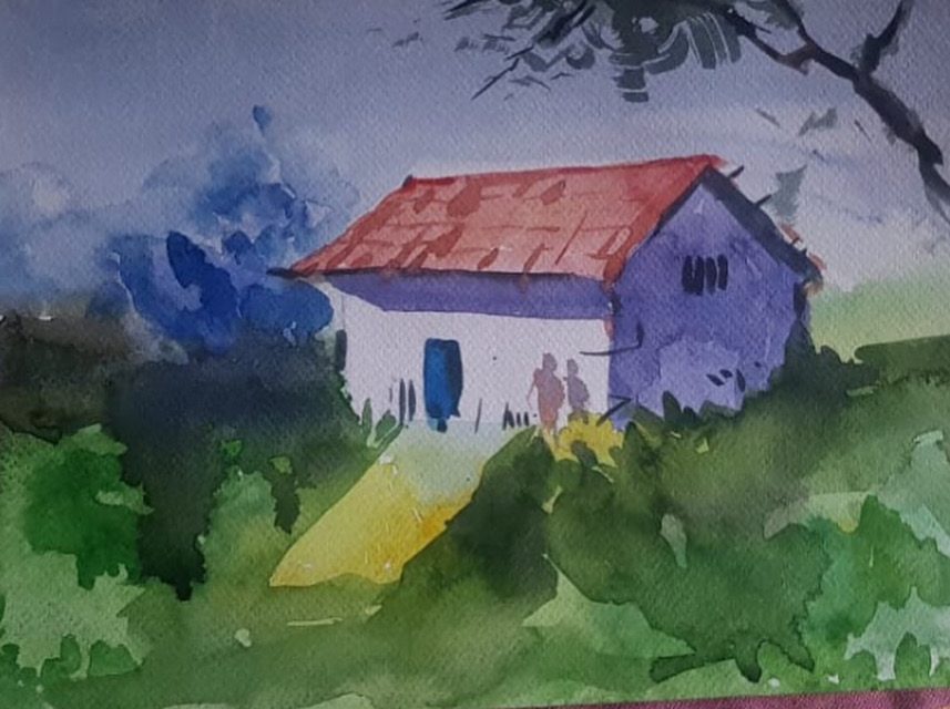 Small purple house in a green field