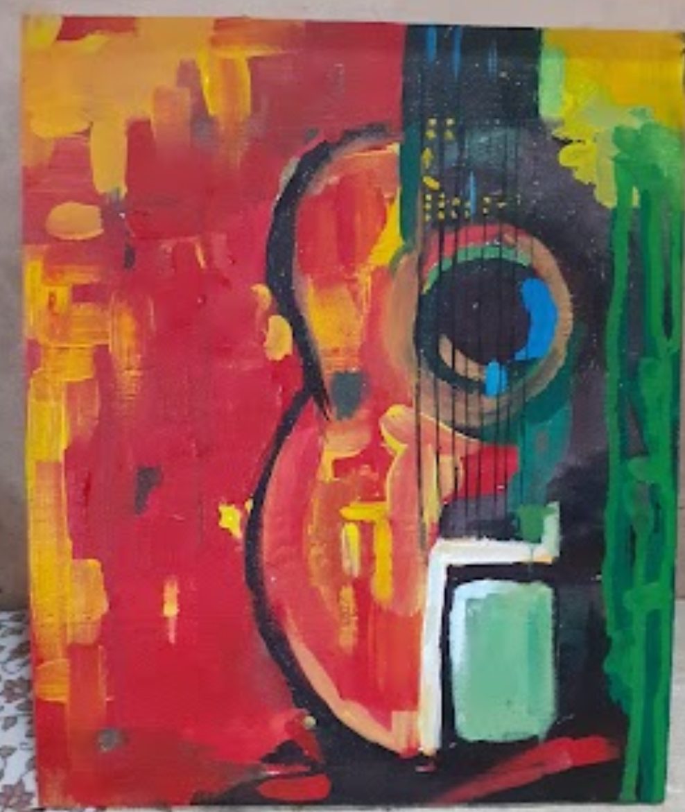 Abstract guitar painting in red and green
